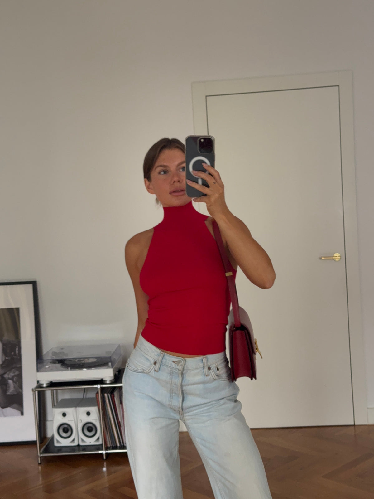 Turtleneck Knit Top Raspberry Red