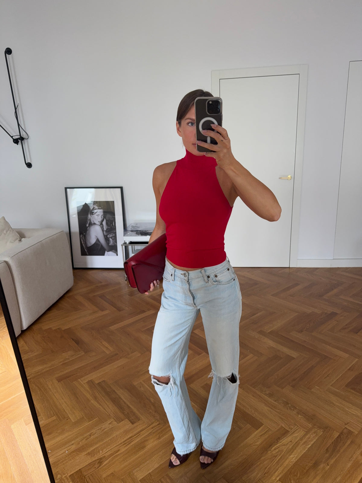 Turtleneck Knit Top Raspberry Red