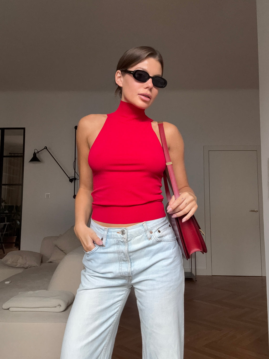 Turtleneck Knit Top Raspberry Red