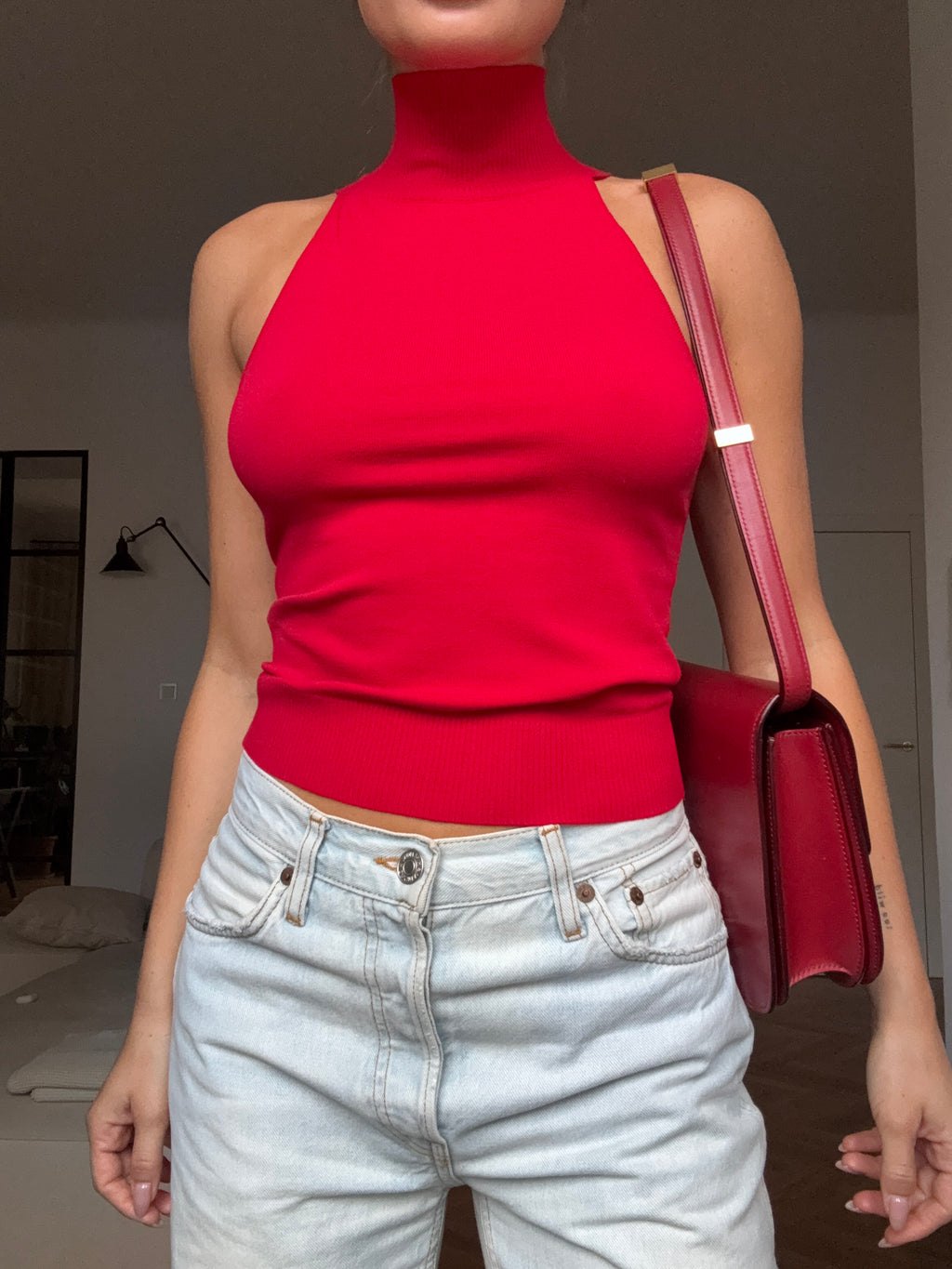 Turtleneck Knit Top Raspberry Red