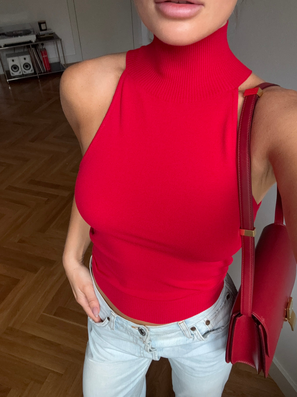 Turtleneck Knit Top Raspberry Red